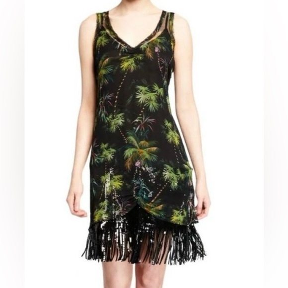 LE SUPERBE Frolic Room Palm Tree Print Sequin
Fringe Dress Black Sleeveless Silk - Picture 1 of 5